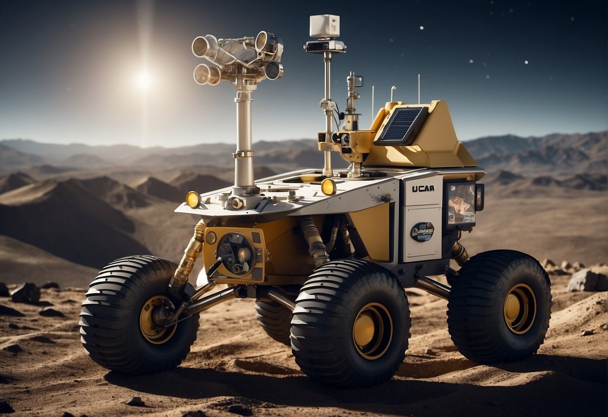 A lunar rover navigates rugged terrain, collecting samples for analysis. A satellite orbits overhead, beaming data back to Earth. A diverse group of nations collaborate on lunar exploration, shaping the future of space exploration