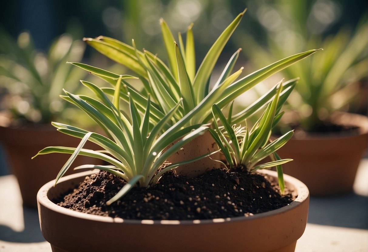 Yucca plants grow from cuttings in a pot with well-draining soil and plenty of sunlight. The cuttings should be placed in the soil and kept moist until they take root