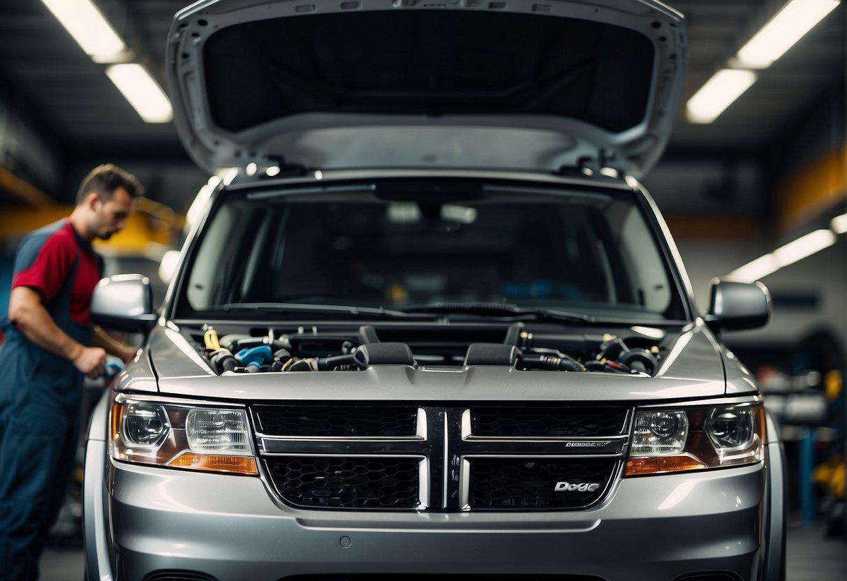 A mechanic lifts the hood of a Dodge Journey, adding a performance air filter and tuning the engine for a boost