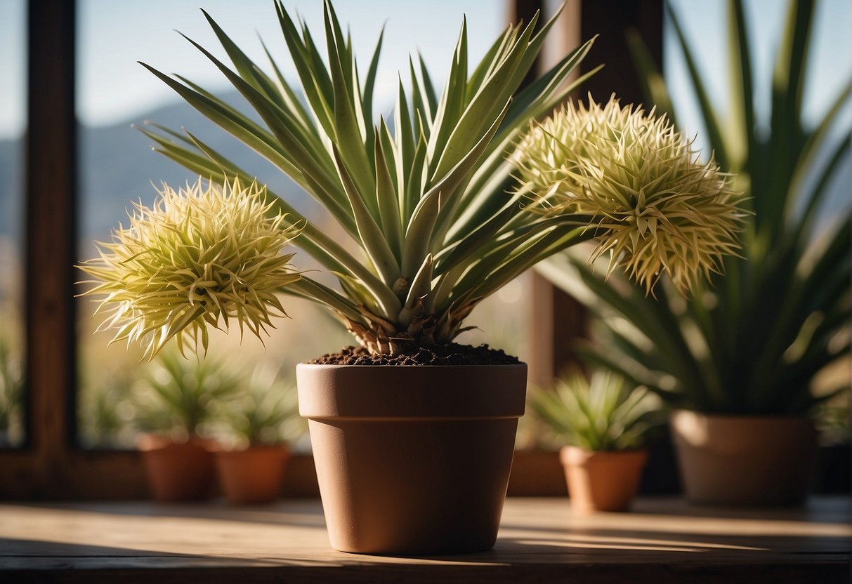 A yucca plant sits in a well-lit room, with its soil moist but not waterlogged. The temperature is warm, and the air is dry. The plant is placed away from drafts and direct sunlight, and it is being fertilized