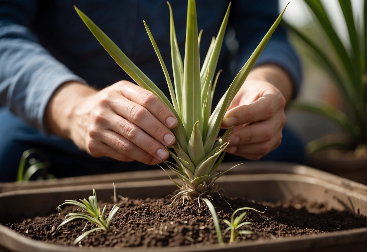 A yucca plant is being carefully removed from its pot, its roots inspected and pruned. It is then replanted in fresh, well-draining soil, and given a thorough watering