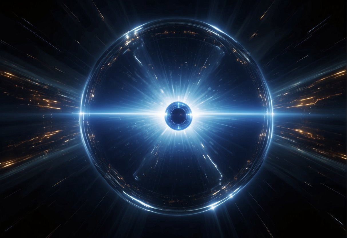 A plasma propulsion system emits a bright, blue-white glow as it propels a spacecraft through the darkness of space, leaving behind a trail of swirling energy