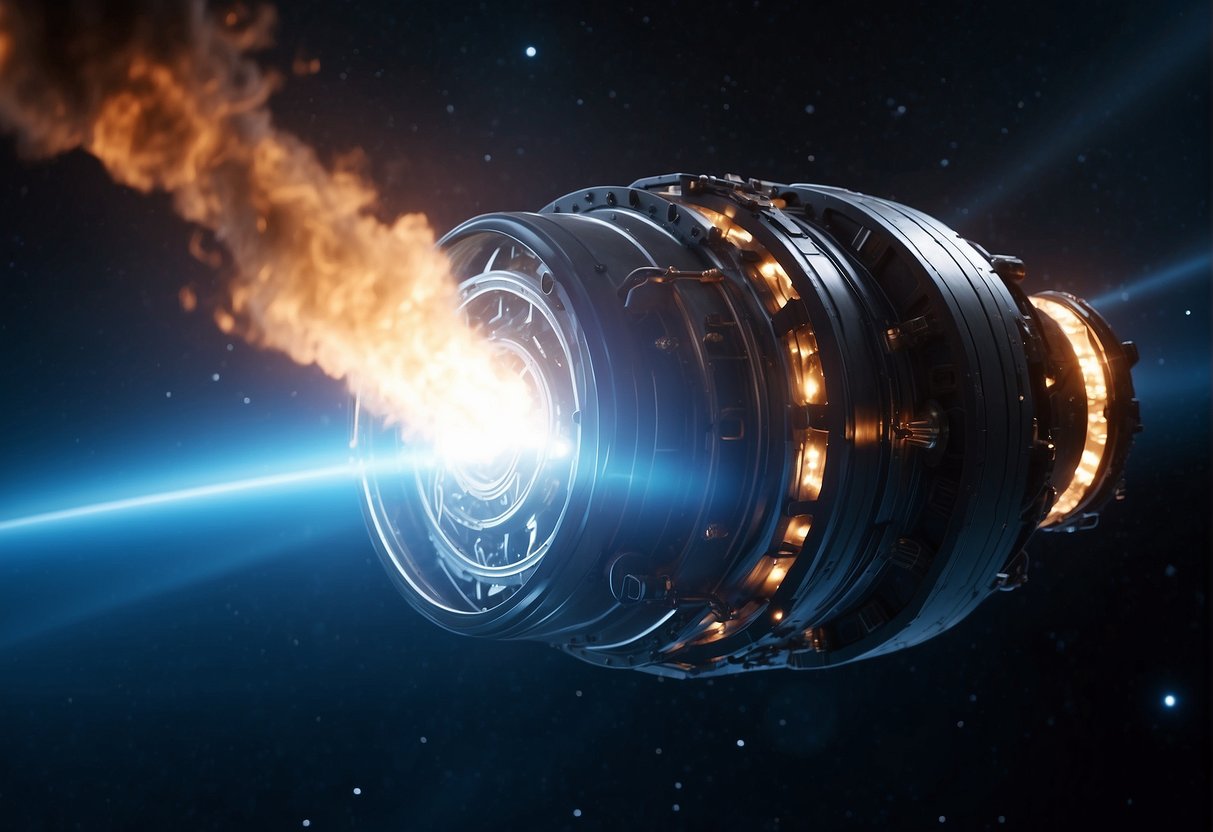 A plasma propulsion engine ignites, emitting a bright blue glow as it propels a spacecraft through the vastness of space, revolutionizing travel speeds