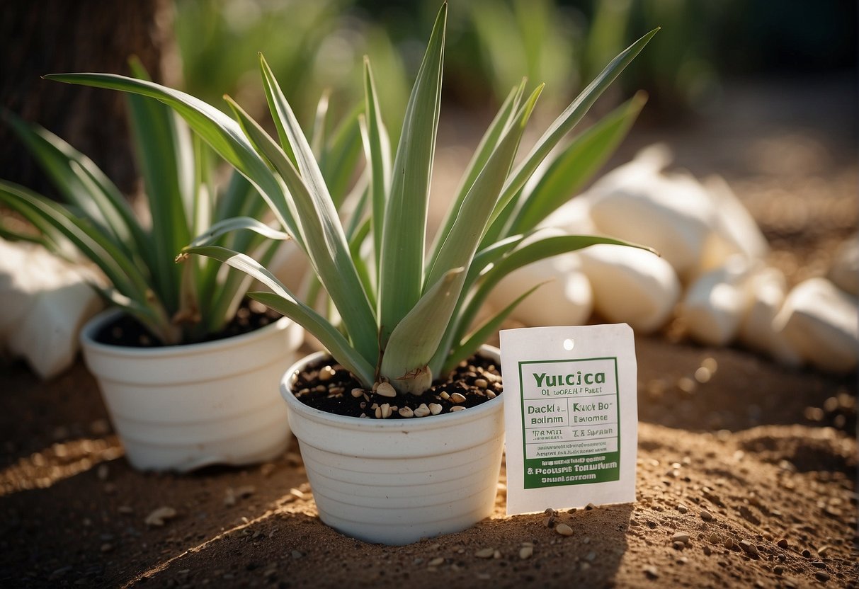 Yucca plant surrounded by bags of fertilizer, with a label showing the specific type needed for yucca plants. Sunlight and water droplets on leaves