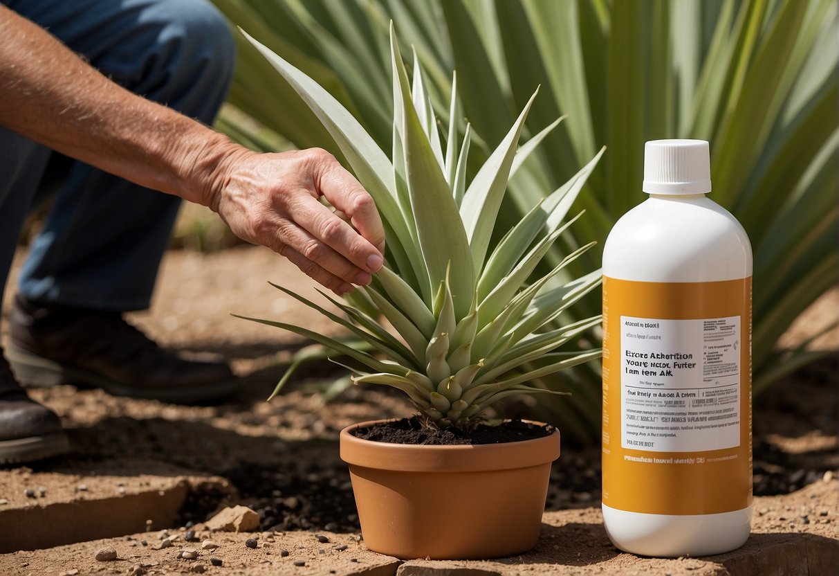 A person is fertilizing a yucca plant with a balanced liquid fertilizer, following the instructions on the label. The plant is healthy and thriving in a sunny outdoor setting