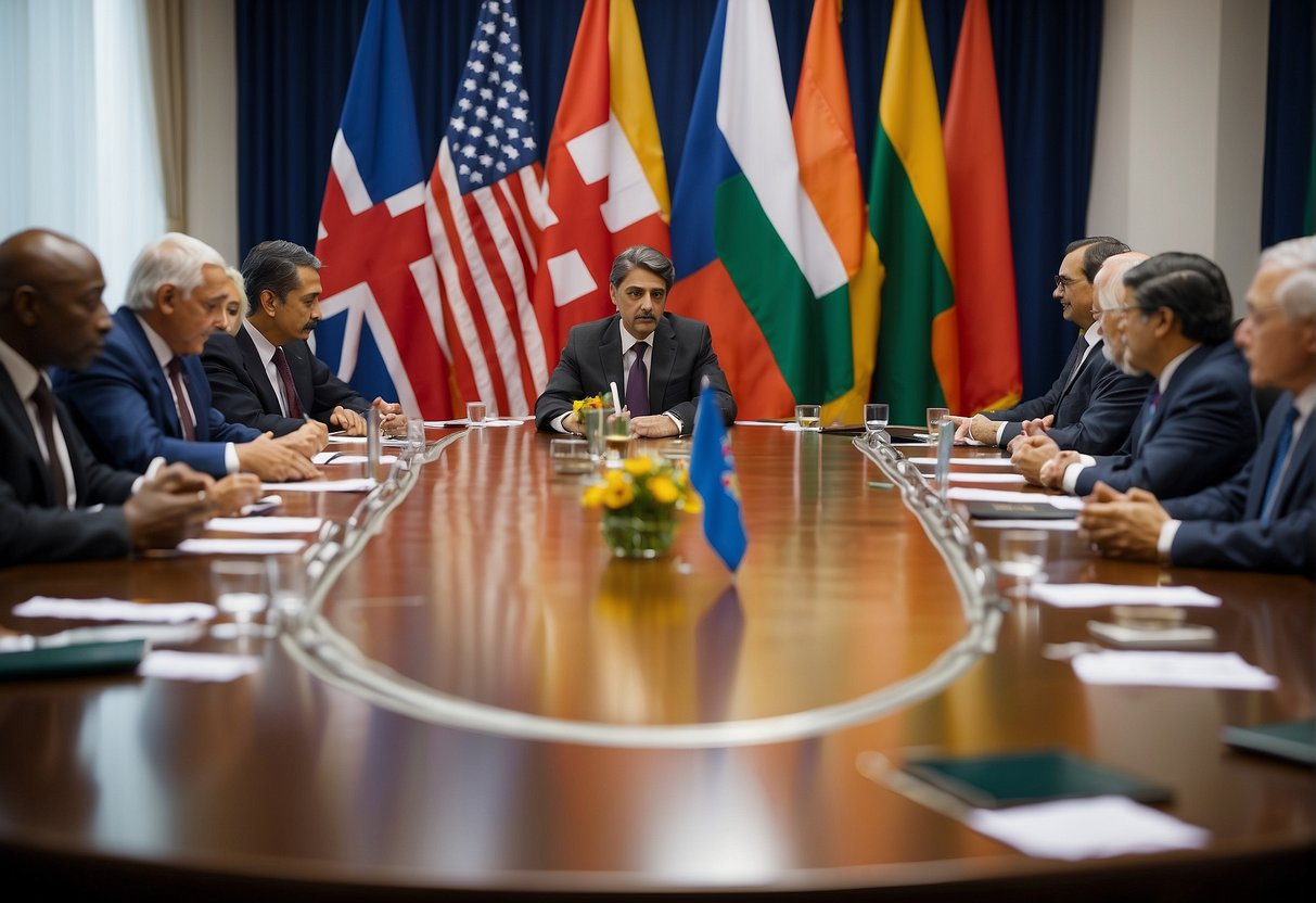 A round table surrounded by flags of different nations, with diplomats engaged in discussions and exchanging documents