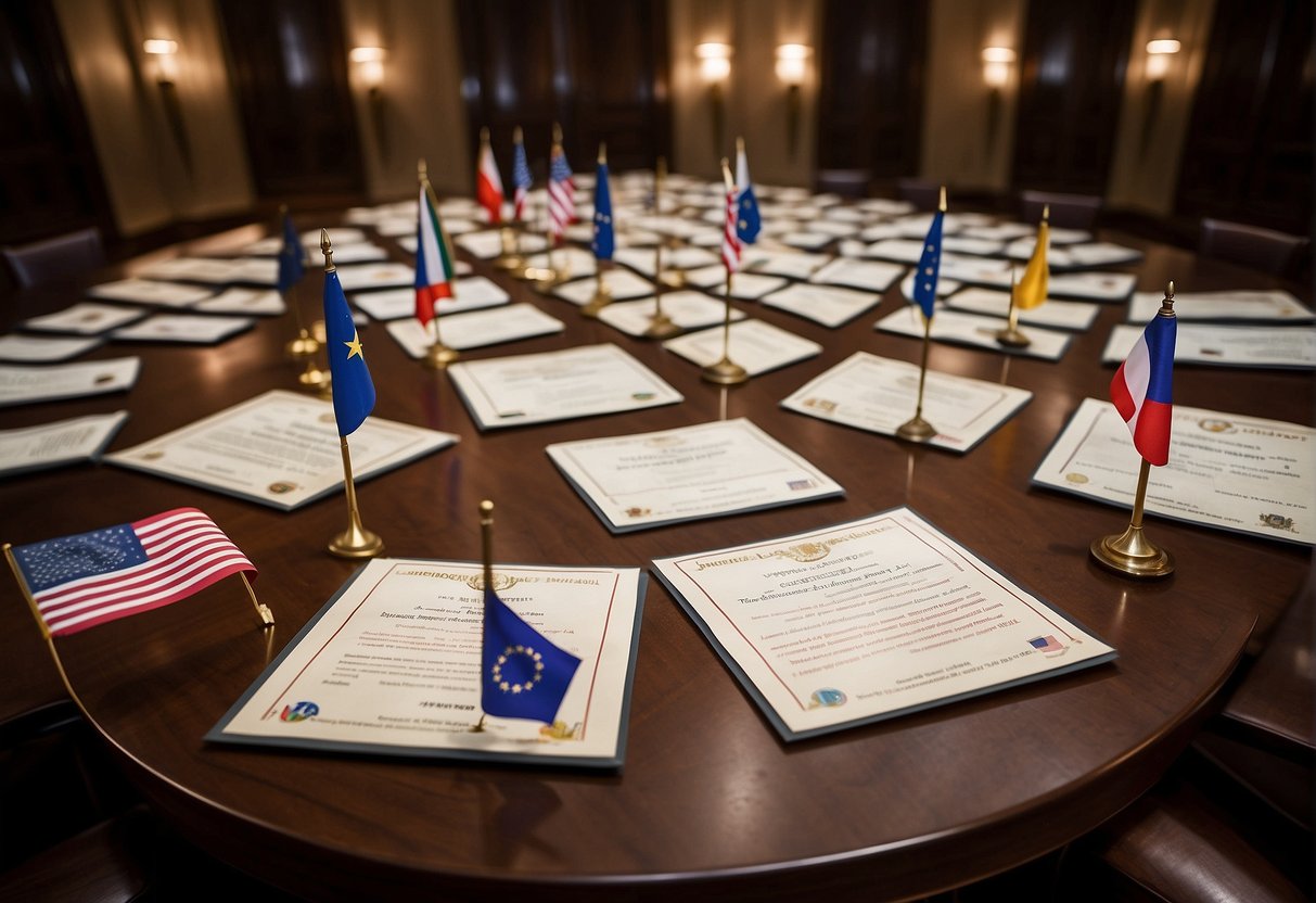 Space law treaties signed by multiple countries, with flags and official seals, displayed in a grand hall