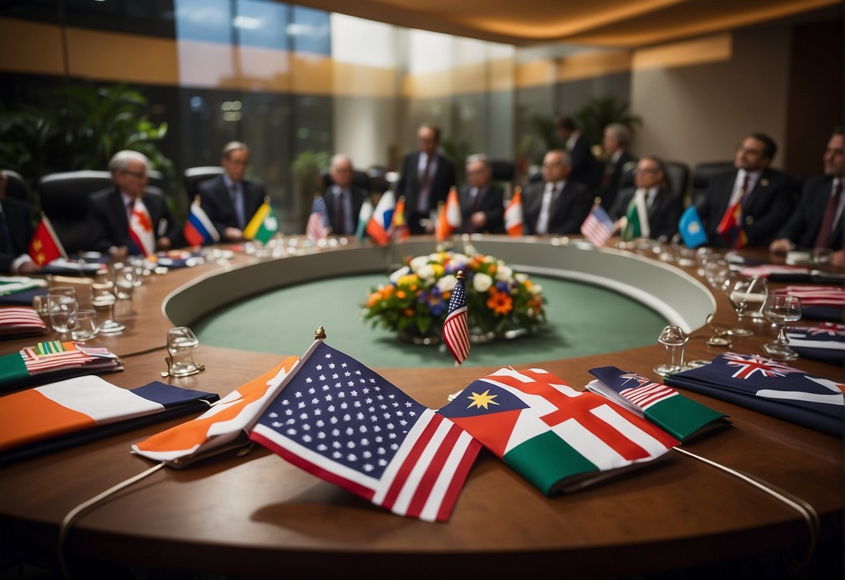 A round table surrounded by flags from various countries, with representatives engaged in diplomatic discussions. Documents and treaties are spread out on the table