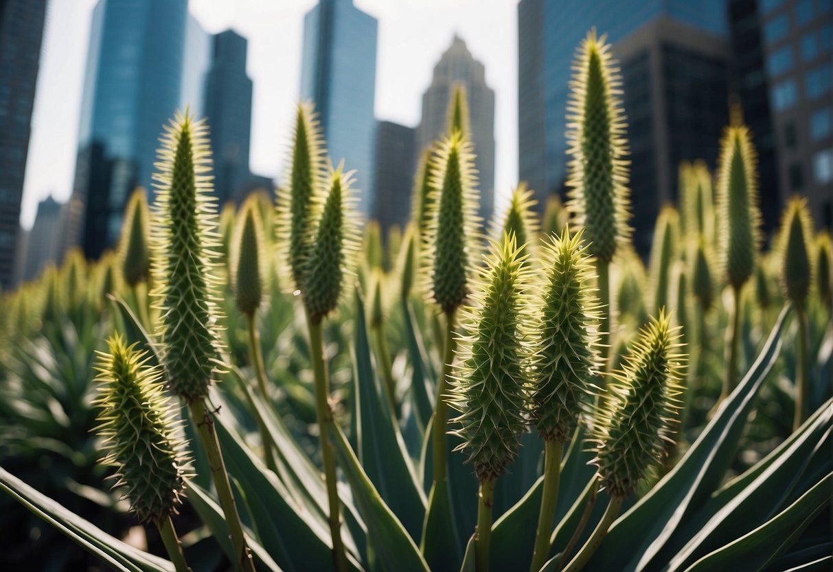 Yuccas thrive in Chicago's urban landscape, their long, slender leaves reaching towards the sky. The plants stand tall against the backdrop of the city, their hardy nature a testament to their resilience