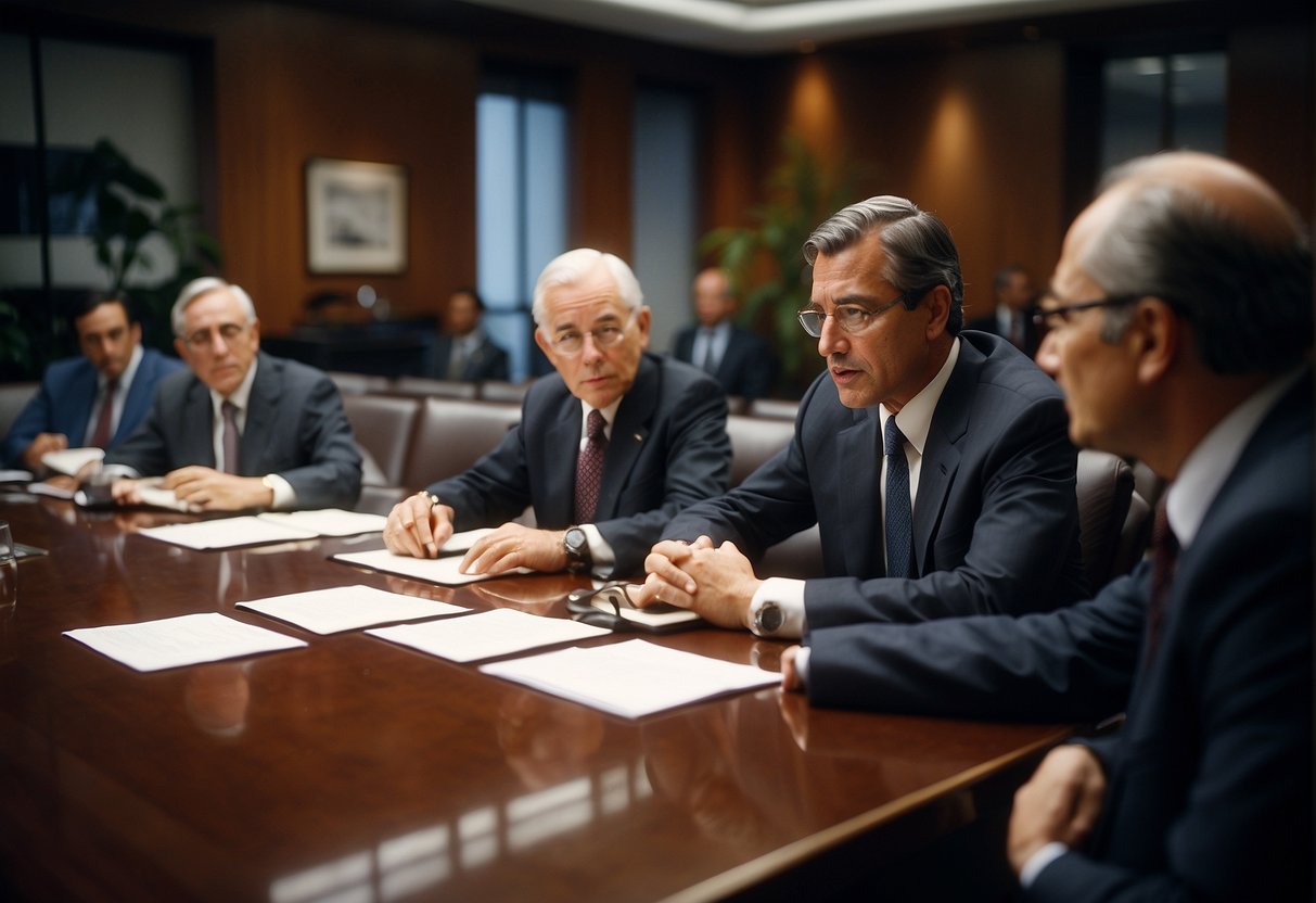 A group of diplomats from various countries gather around a table, discussing and negotiating international treaties and agreements related to space exploration and policy