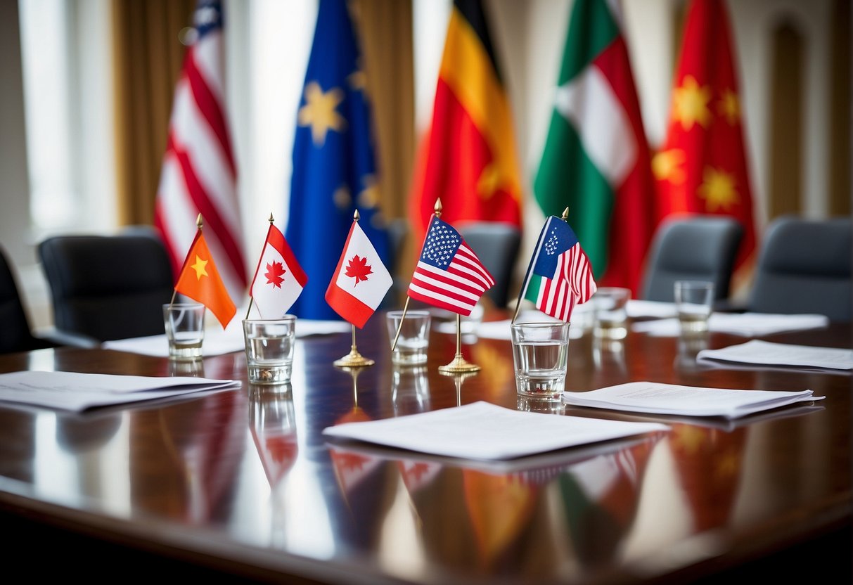 A conference table surrounded by flags of different nations, documents and treaties scattered across the surface, representatives engaged in intense discussions