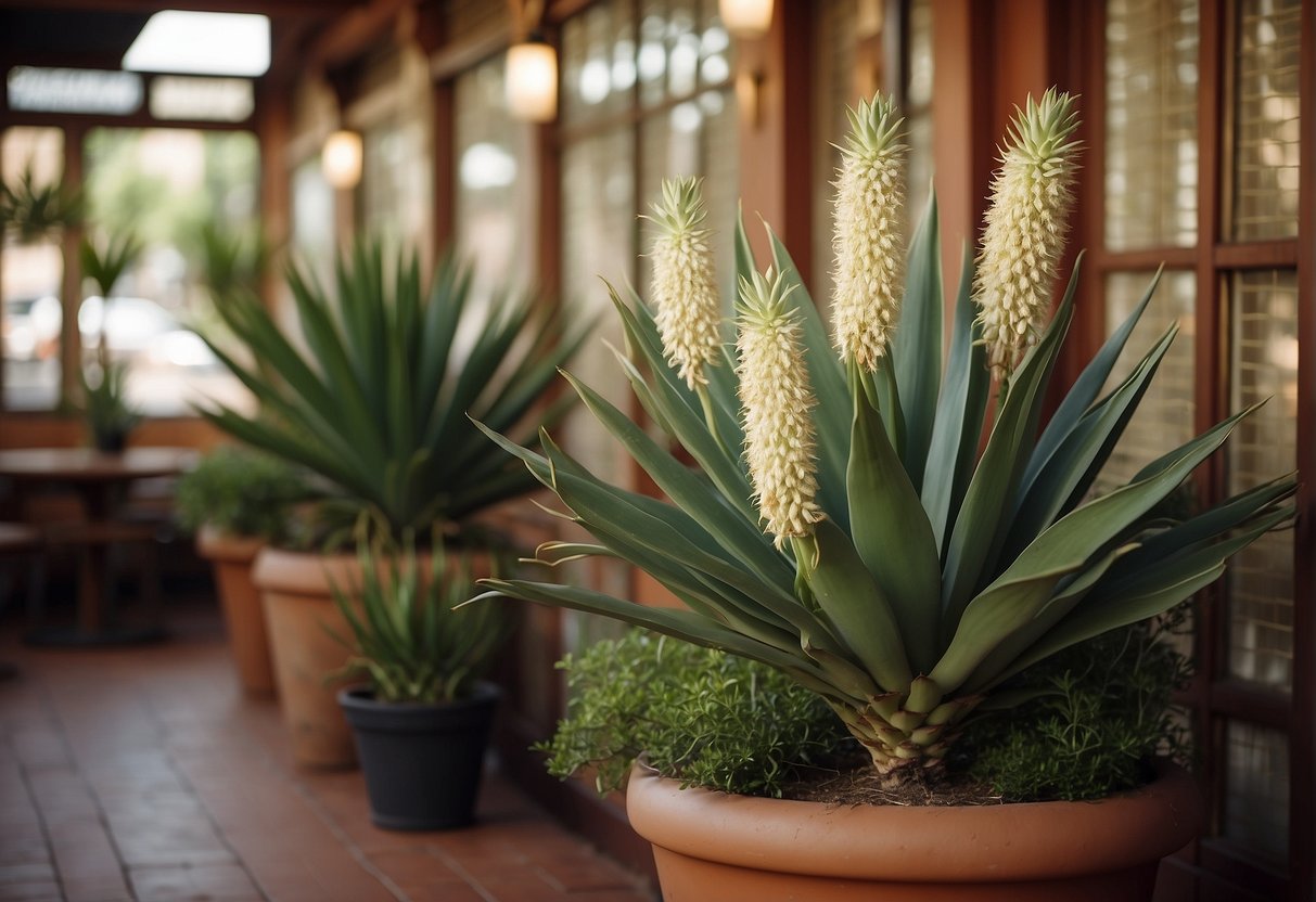 Yucca plants adorn the walls of a Mexican restaurant, adding a touch of greenery to the warm, inviting atmosphere