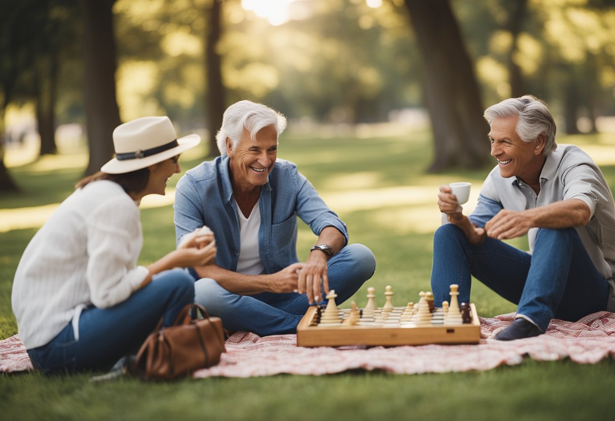 A group of empty nesters socializing at a park, playing board games, and enjoying a picnic together