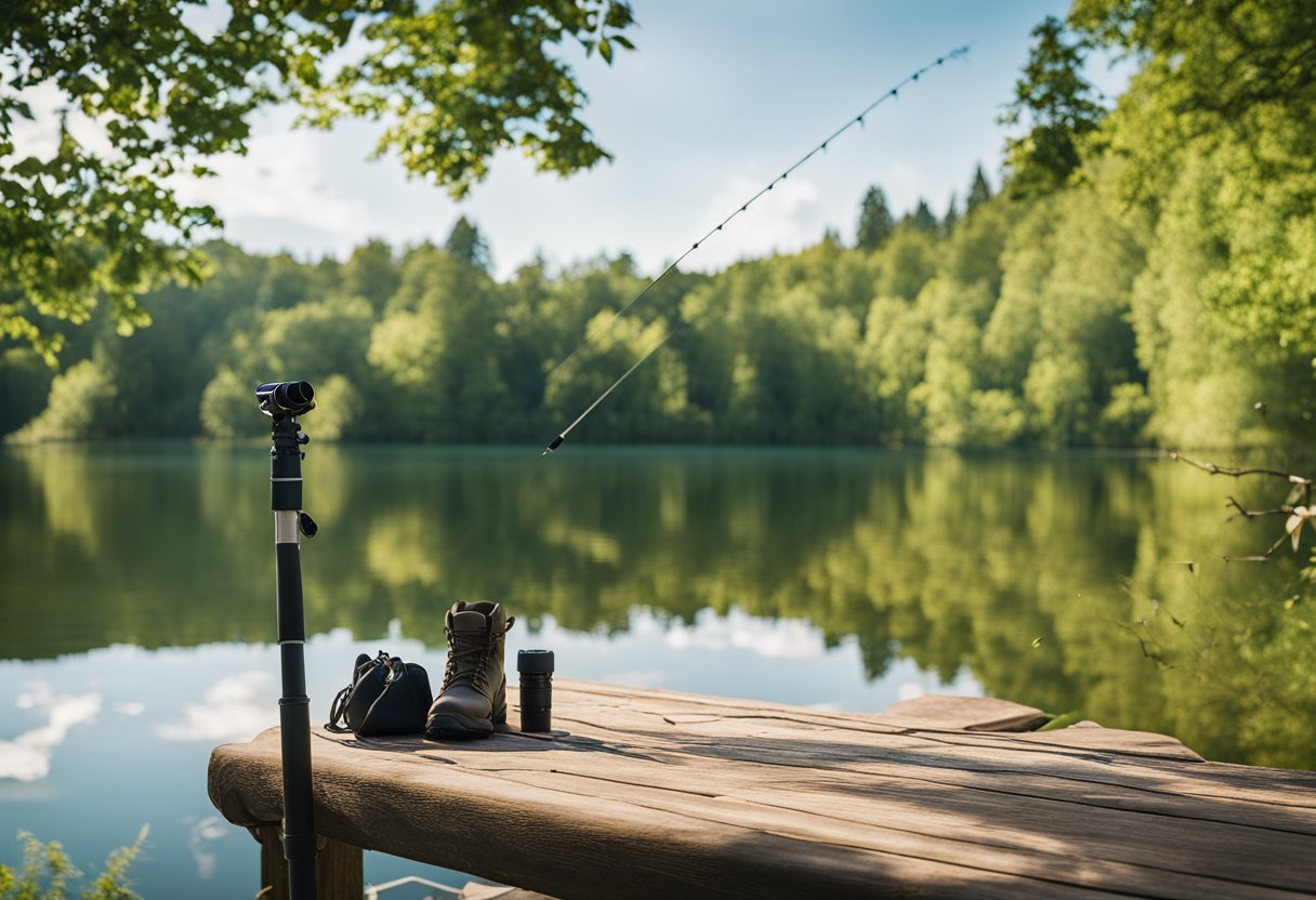 A peaceful lakeside with a fishing rod, hiking boots, and a birdwatching binoculars laid out on a wooden dock surrounded by lush green trees and a clear blue sky