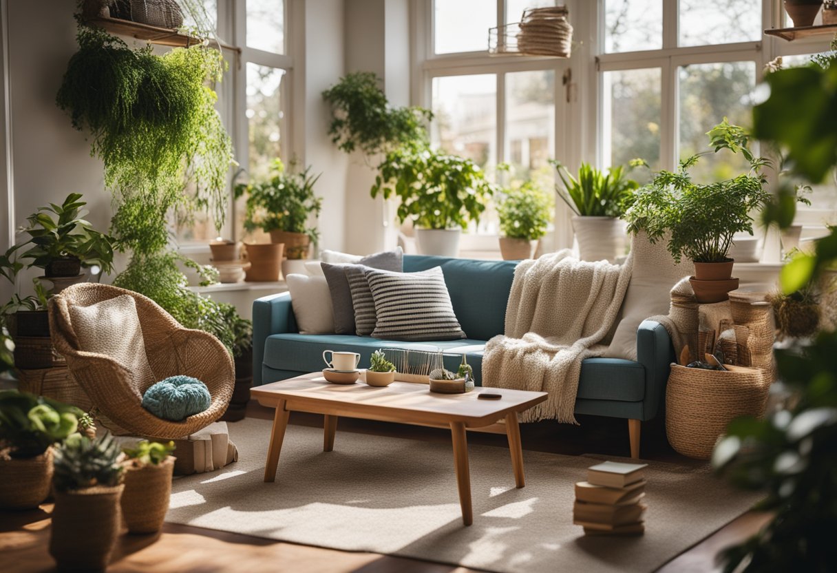 A cozy living room with plants, books, and a knitting basket. A desk with art supplies and a laptop. A sunny backyard with a garden and a hammock