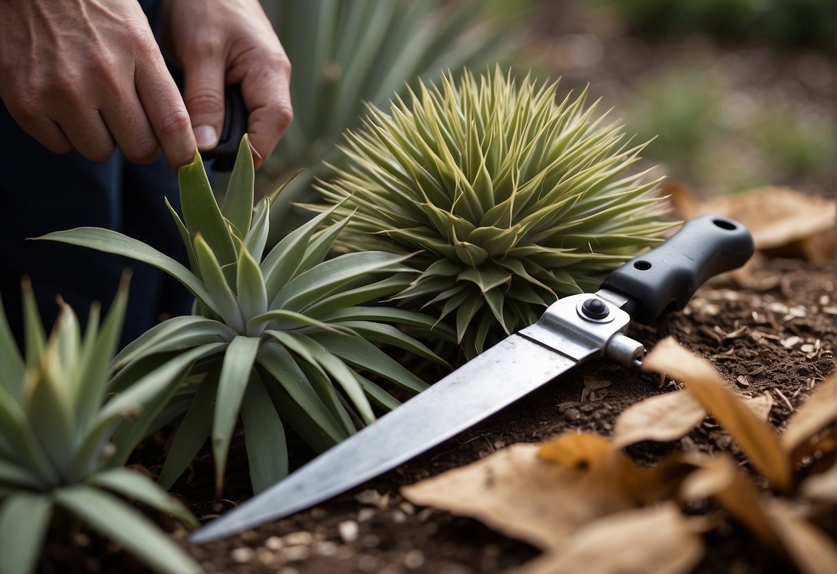 A pair of pruning shears cutting away dead leaves from a yucca plant, with a small pile of discarded foliage nearby. A watering can and bag of fertilizer sit nearby, ready for post-pruning care