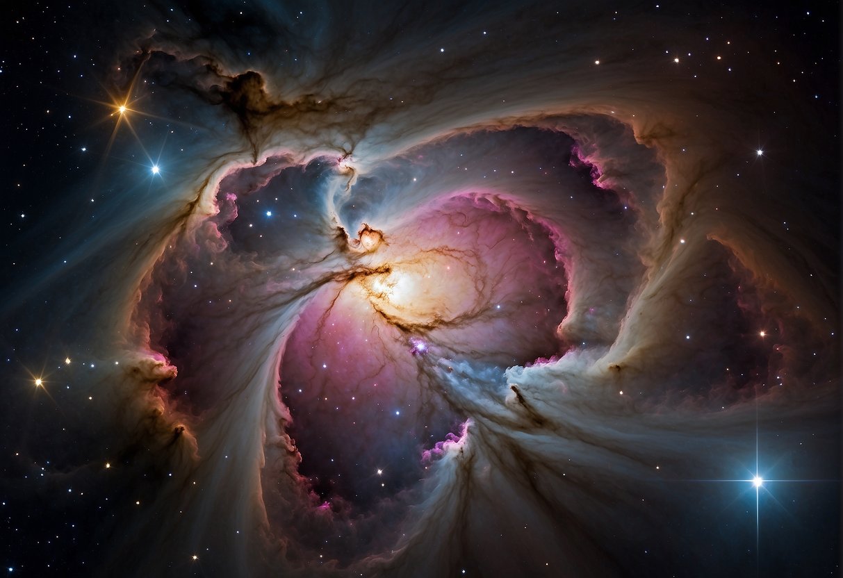 The Orion Nebula glows with vibrant colors, as new stars form within its swirling clouds of gas and dust. Bright clusters illuminate the cosmic nursery