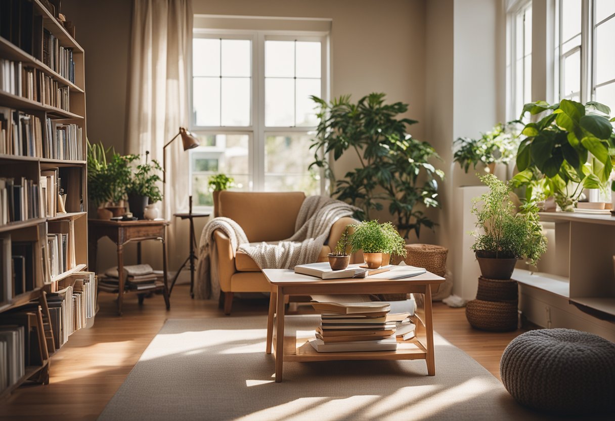 An empty nesters' living room with books, plants, and a cozy armchair. A painting easel in the corner, and a small table with knitting supplies. Sunlight streams in through the window, creating a warm and inviting atmosphere
