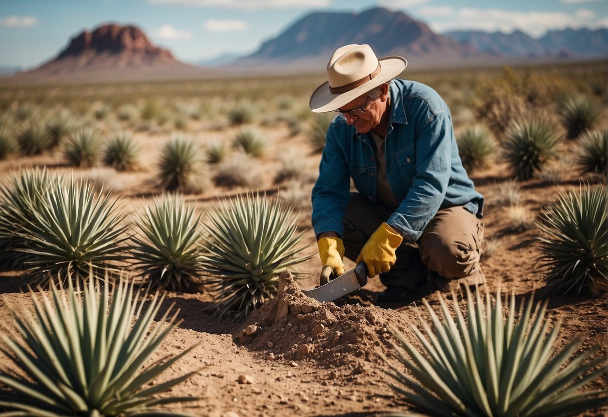 A person digs up yucca plants in the Arizona desert using a shovel and gloves