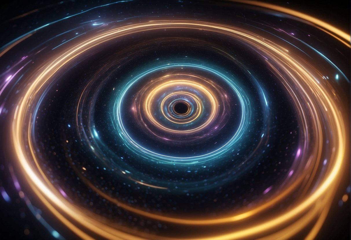 A swirling vortex of colorful light and energy, representing the complex interplay of space and time in 4D. Twisting and folding in on itself, the scene showcases the advancements in space-time visualization technologies