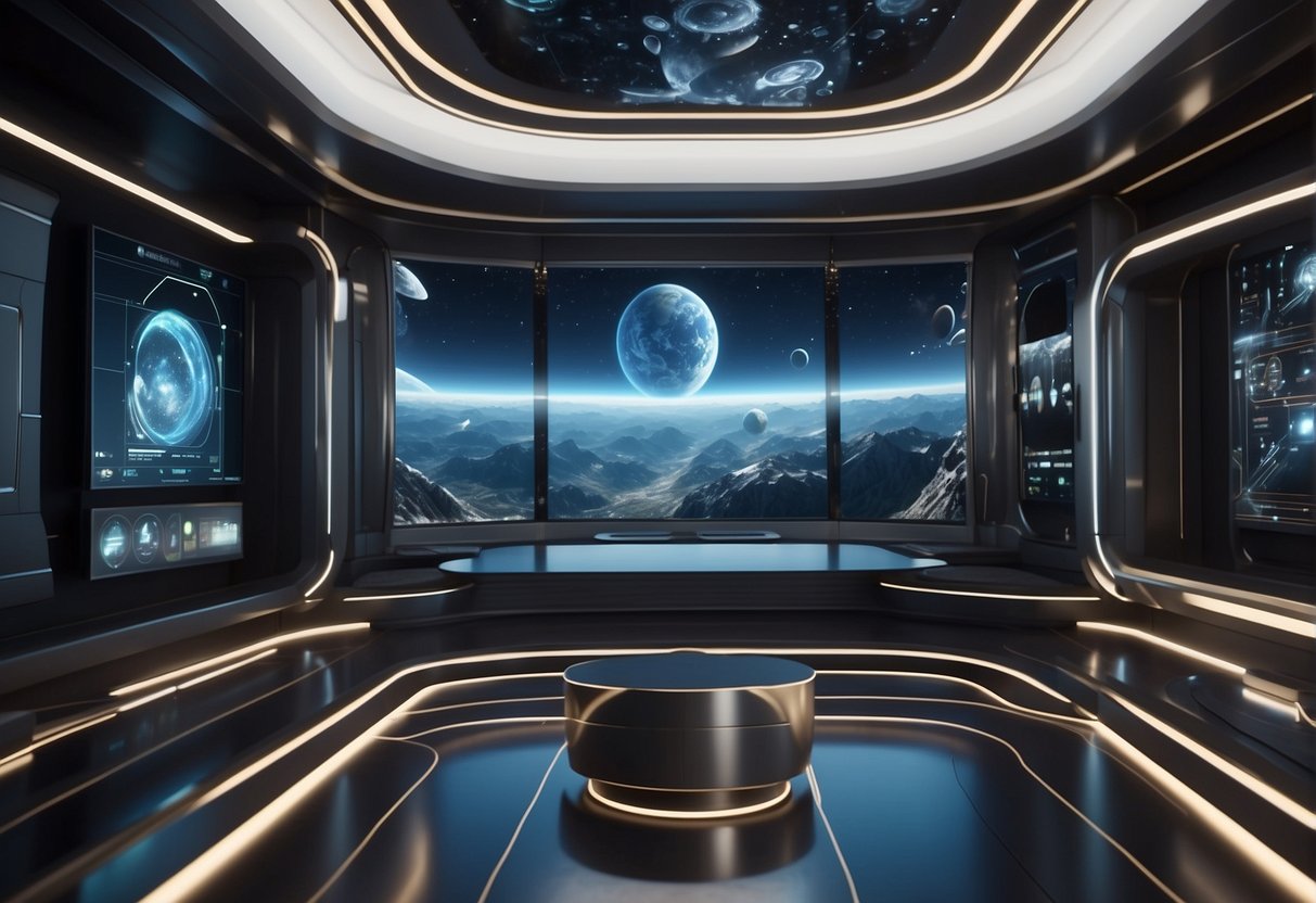 A futuristic room with holographic displays and interactive interfaces, showing the seamless integration of space-time visualization technologies
