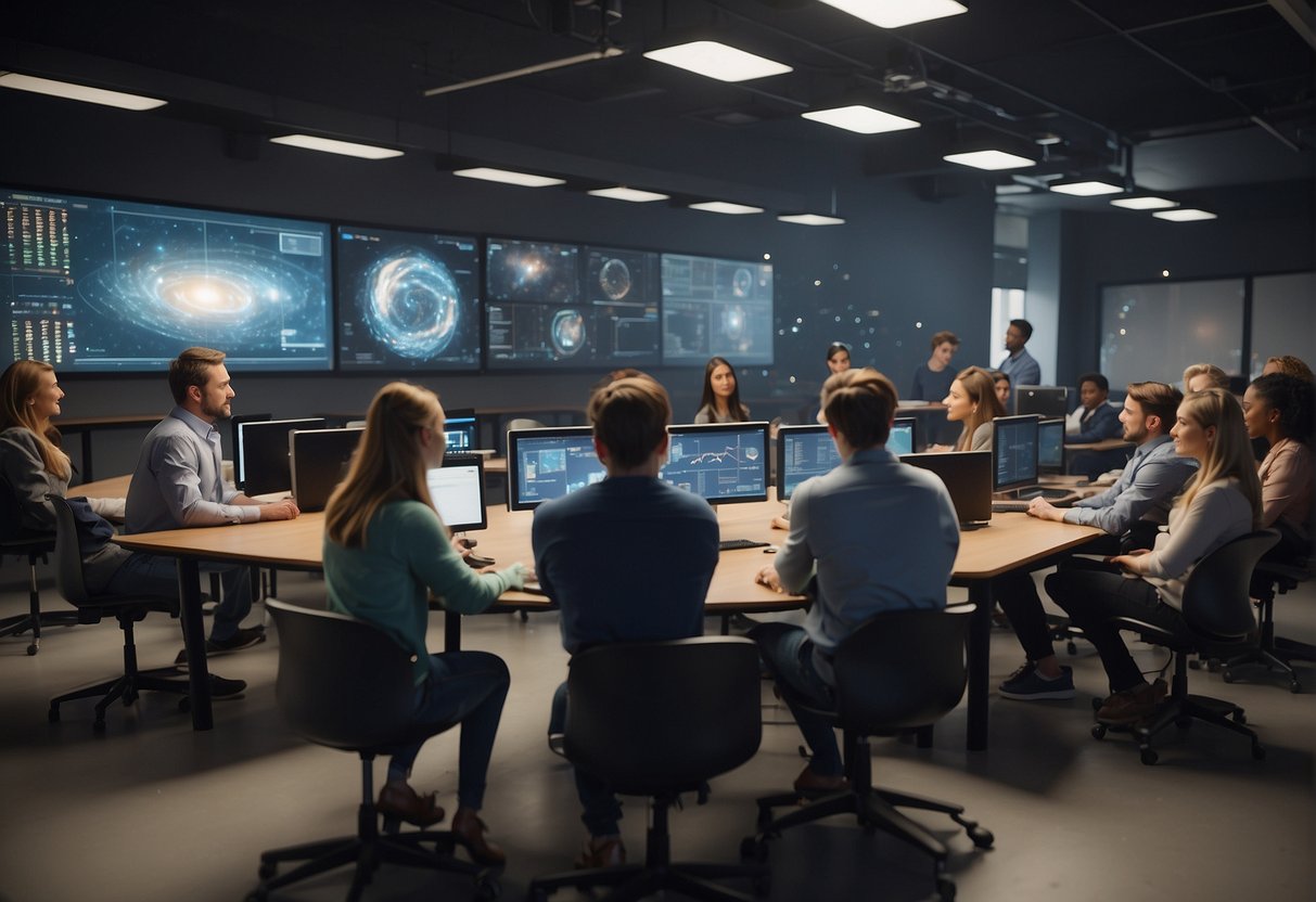 A classroom with 4D space-time visualization tech, students and professionals engaging with interactive simulations and data visualizations