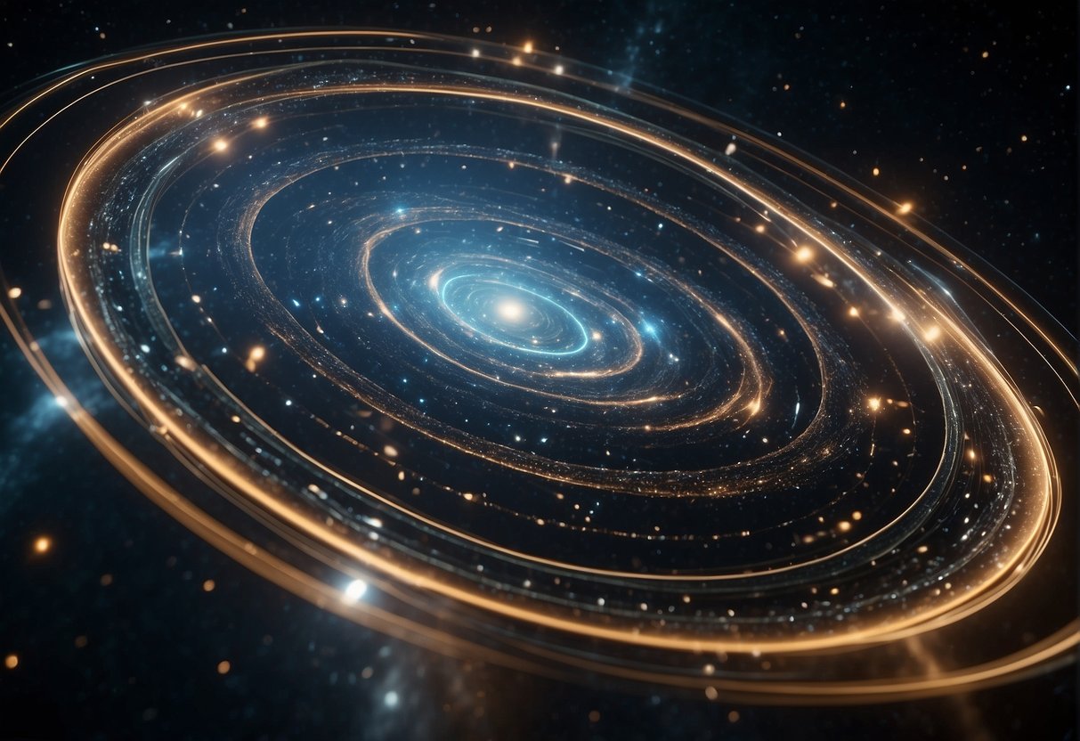 A 4D space-time visualization with interconnected layers and dynamic movement, showcasing the challenges and future directions in space exploration