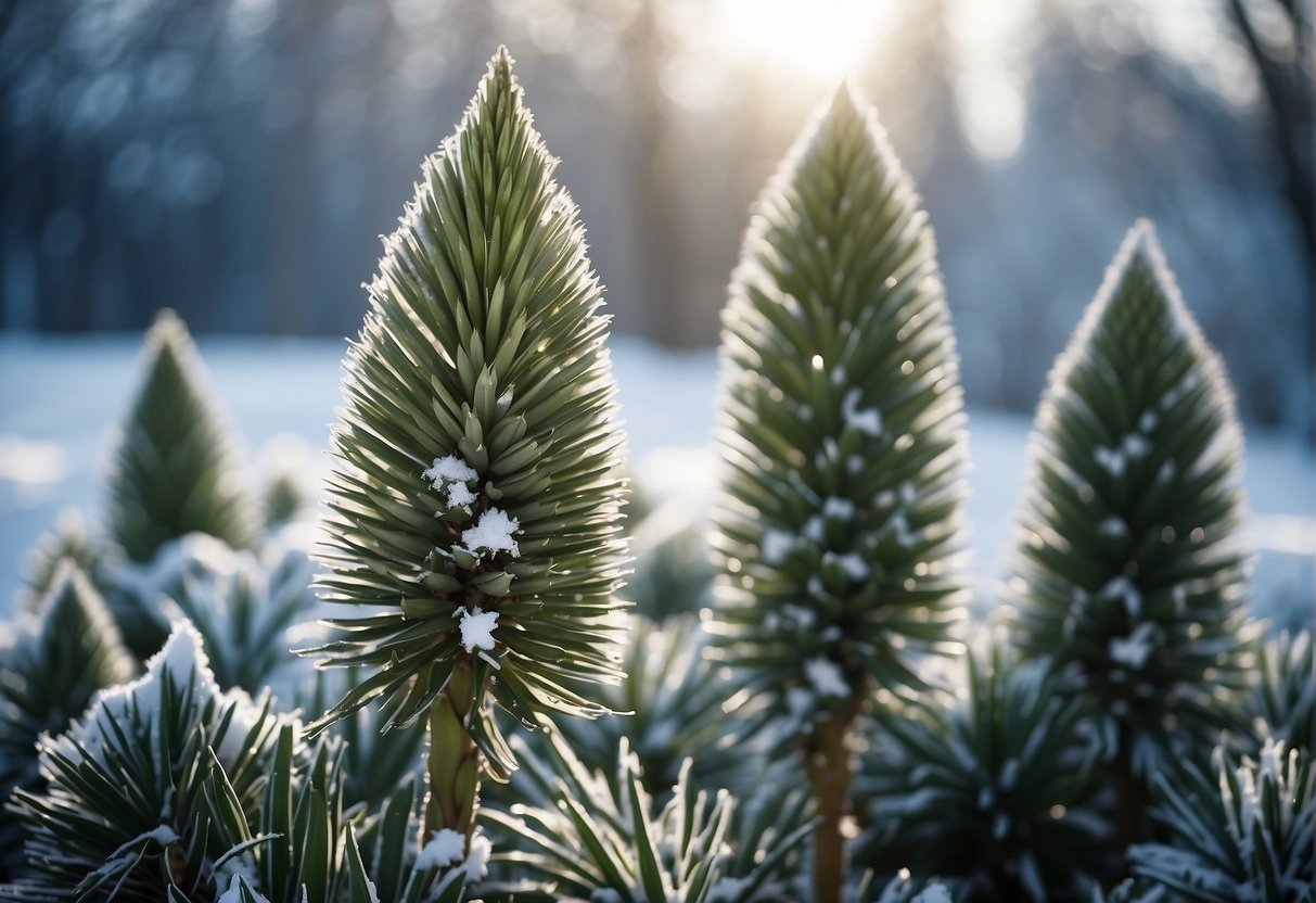 A yucca plant stands tall in a snow-covered garden, its long, sword-like leaves drooping under the weight of the frost