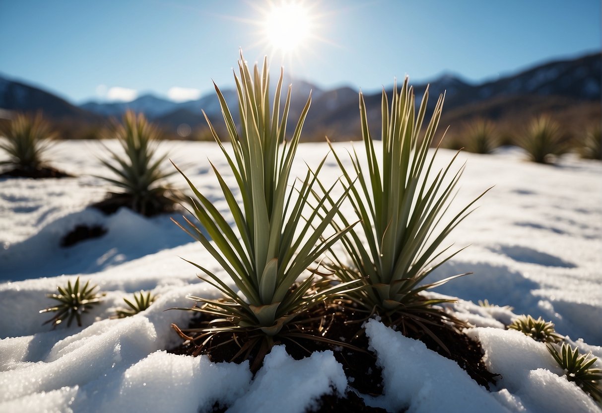 Yucca plants covered in protective mulch, surrounded by snow, with a clear sky and a hint of sunlight