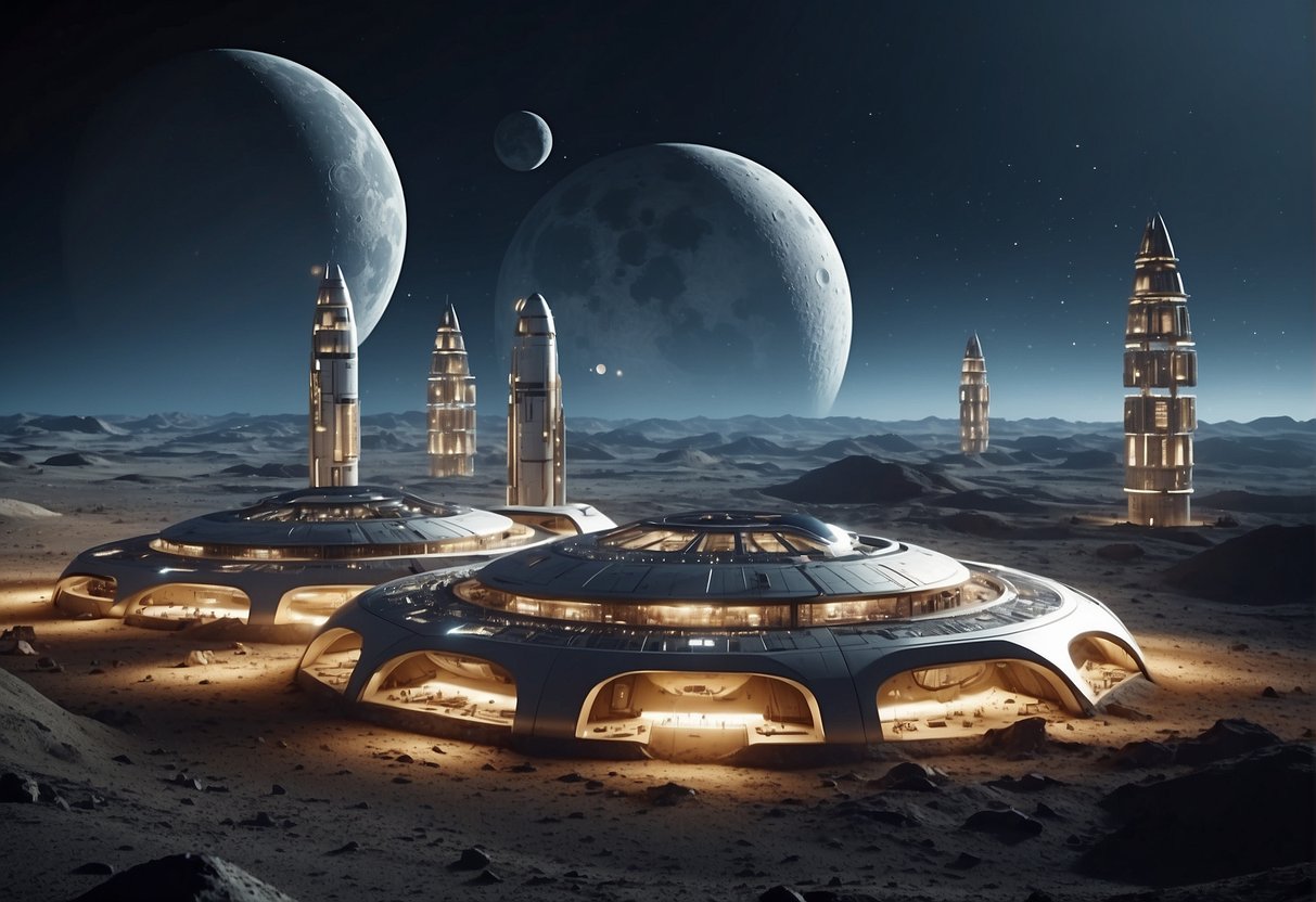 The Future of Lunar Tourism: A futuristic lunar base with sleek, domed structures and advanced space vehicles taking off and landing on the moon's surface