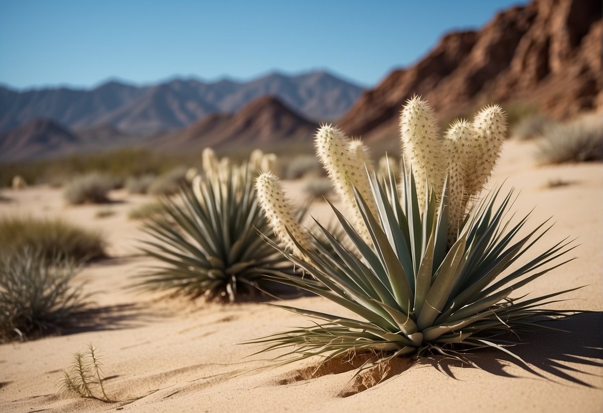 A desert landscape with yucca plants scattered across the sandy terrain, under the bright sun and clear blue sky