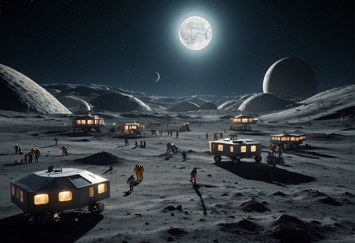 A bustling lunar base with tourists exploring, scientists conducting experiments, and futuristic vehicles transporting people across the moon's surface