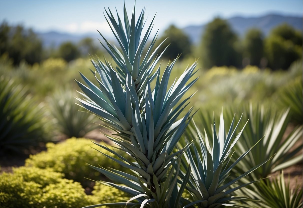 A vibrant blue yucca plant stands tall against a backdrop of green foliage, its long, slender leaves swaying in the breeze