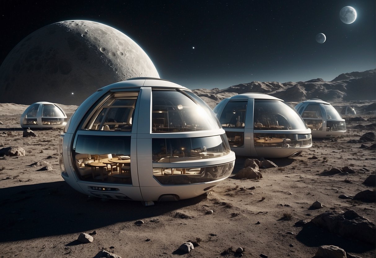 A bustling lunar colony with domed buildings, solar panels, and a network of transportation systems. Tourists explore the lunar surface in sleek, futuristic vehicles while enjoying breathtaking views of Earth from the moon