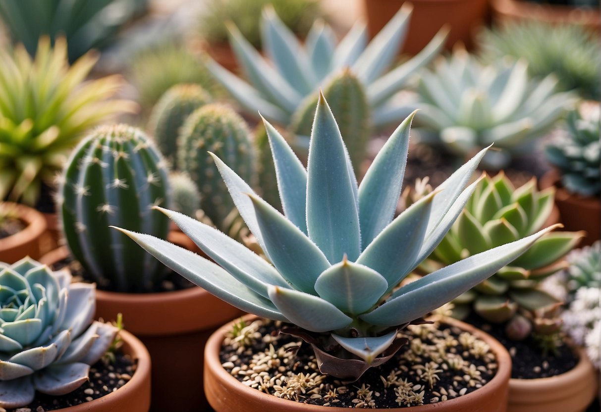 A garden center in South Jersey displays vibrant blue yucca plants among other succulents and cacti. Bright sunlight illuminates the rows of potted plants, creating a warm and inviting atmosphere