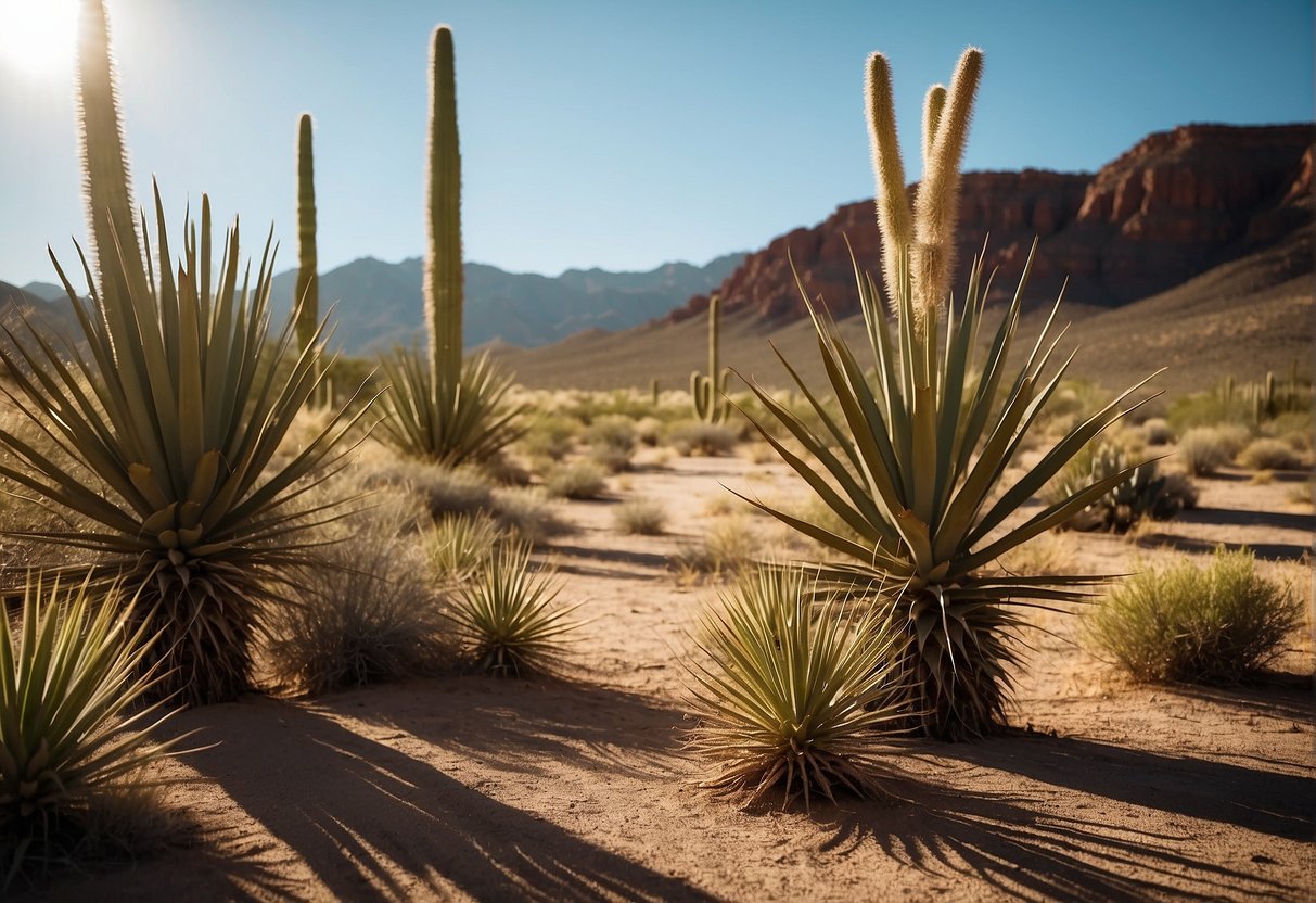 Yucca plants stand tall in a desert landscape, surrounded by cacti and dry, sandy soil. The sun beats down, casting long shadows across the rugged terrain