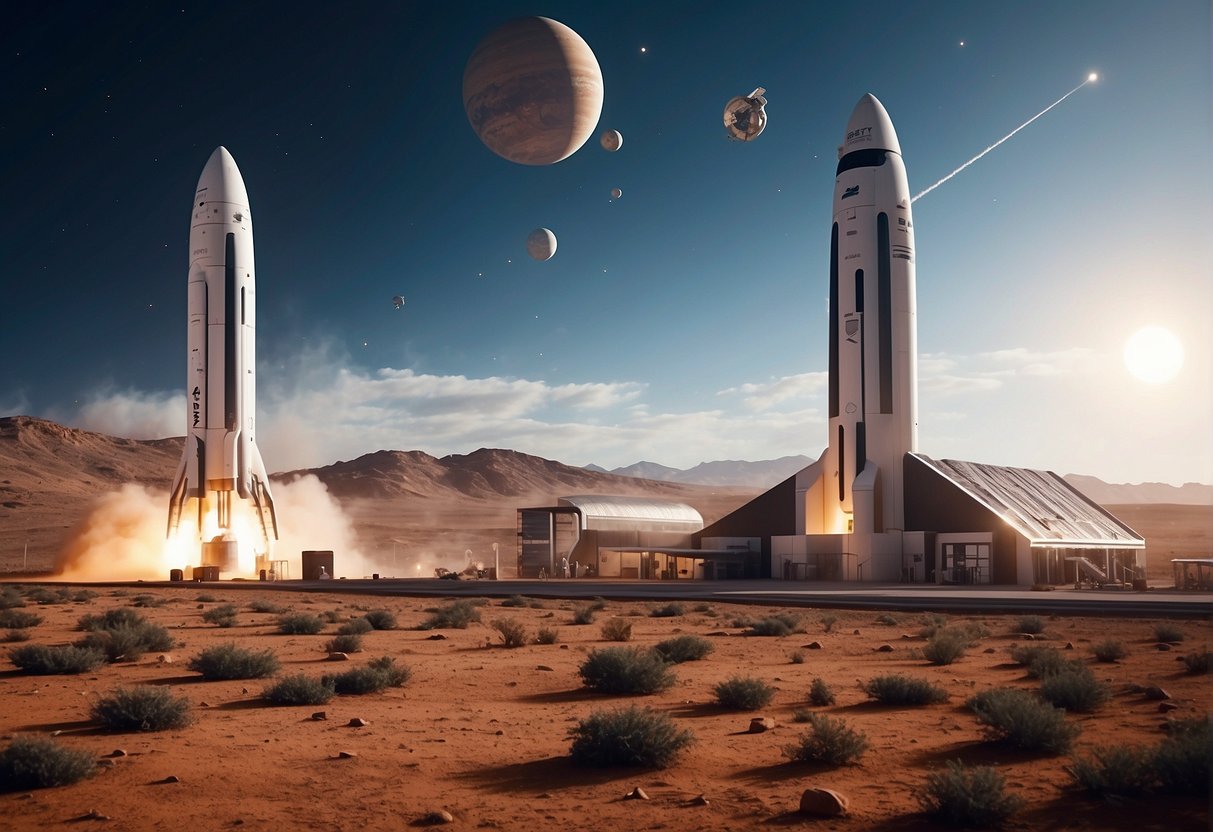 SpaceX's Mars colony blueprint: rockets launch from Earth, carrying supplies and equipment to build habitats on the red planet