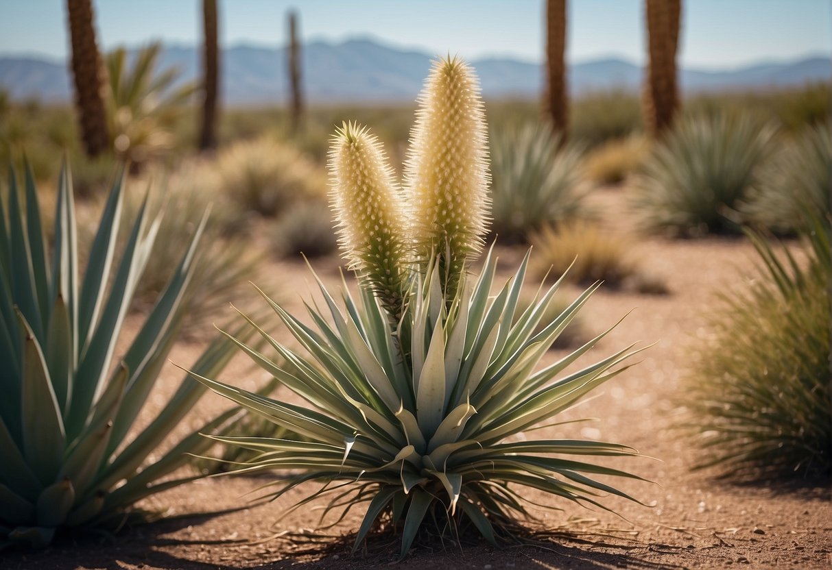 A yucca plant being watered and surrounded by other desert plants