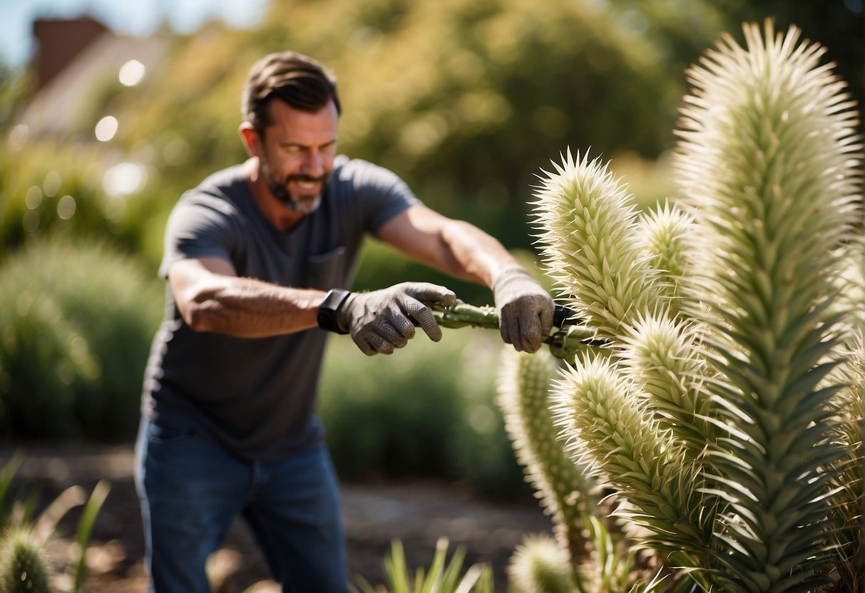 Yucca plants being lifted and separated by a gardener in a sunny garden