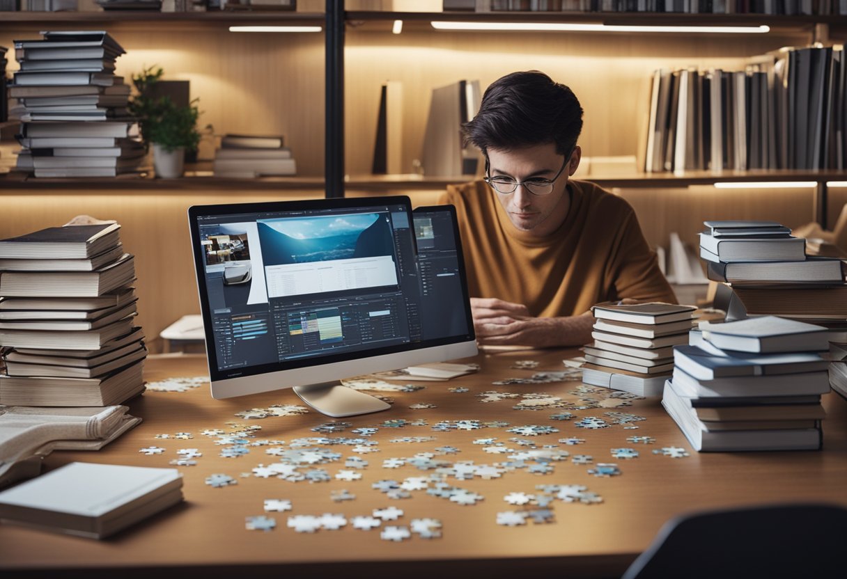 An organized desk with puzzles, books, and a computer. A person solving a puzzle with a focused expression