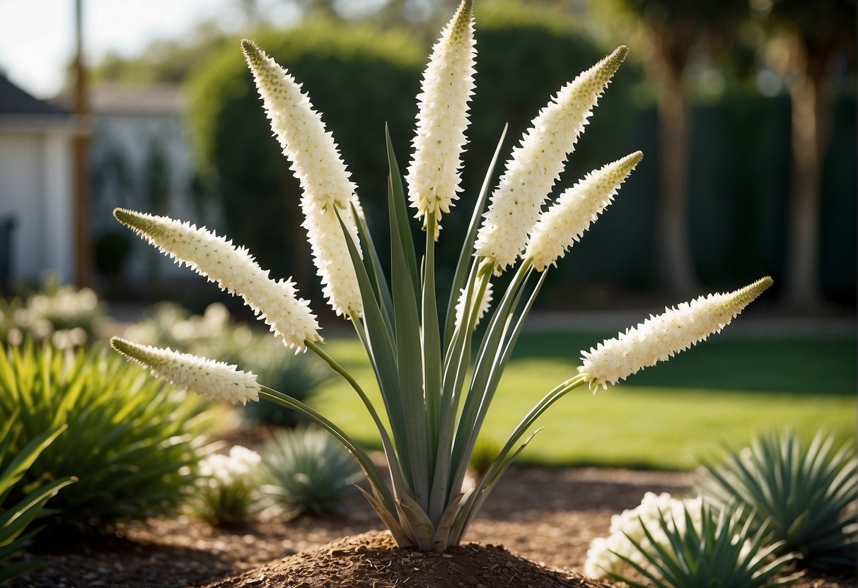 A yucca plant stands tall in a sunny, well-drained garden bed. Its long, sword-shaped leaves point upwards, and a sturdy stem supports a cluster of white, bell-shaped flowers