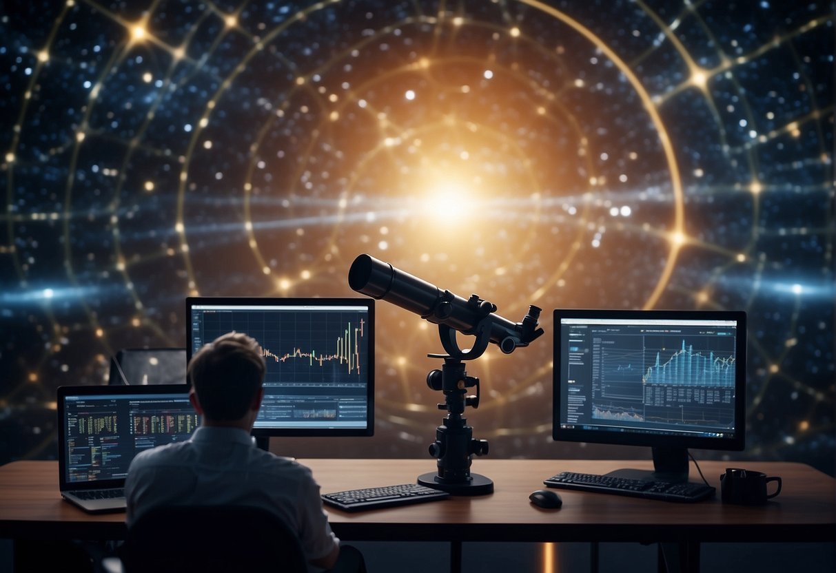 A telescope points towards the night sky, surrounded by computers and data charts. AI algorithms analyze cosmic data, while a scientist works in the background