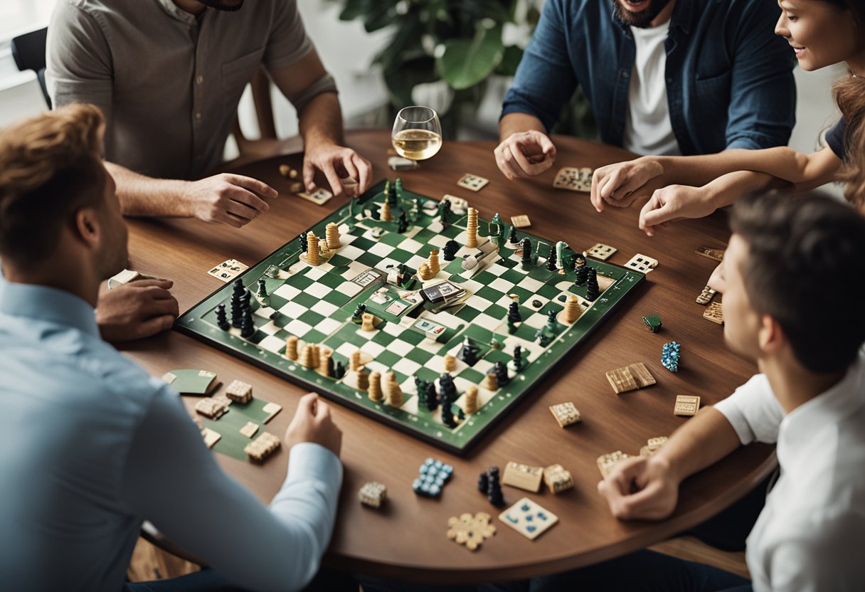 A group of people engaging in board games and lively conversation. Another group immersed in a challenging puzzle or strategy game