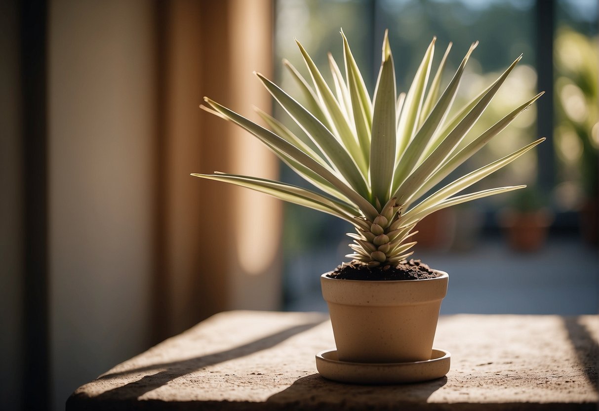 A yucca plant sits in a sunny room, surrounded by well-draining soil. Its long, sword-shaped leaves reach towards the light, while its sturdy trunk stands tall and proud