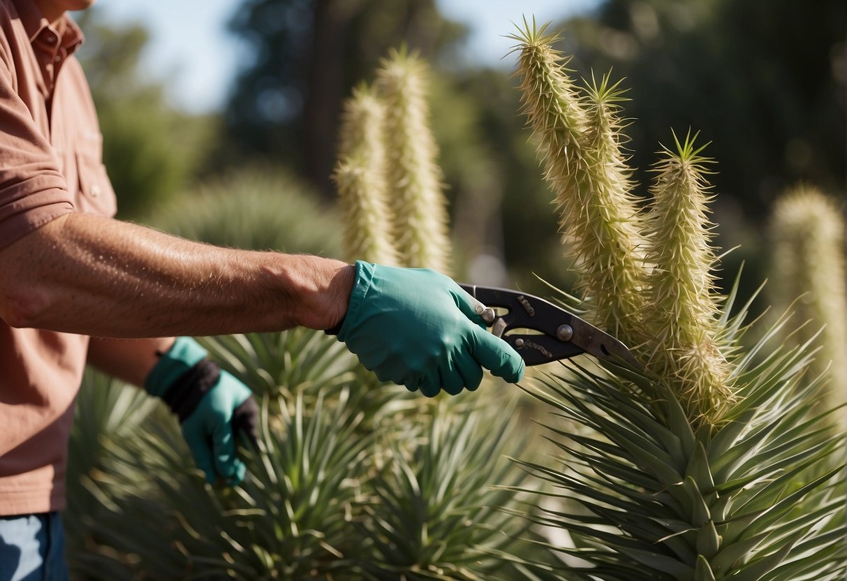 Yucca plants are being trimmed with pruning shears and gloves. The gardener is preparing the area by removing any debris and setting up a tarp for easy cleanup