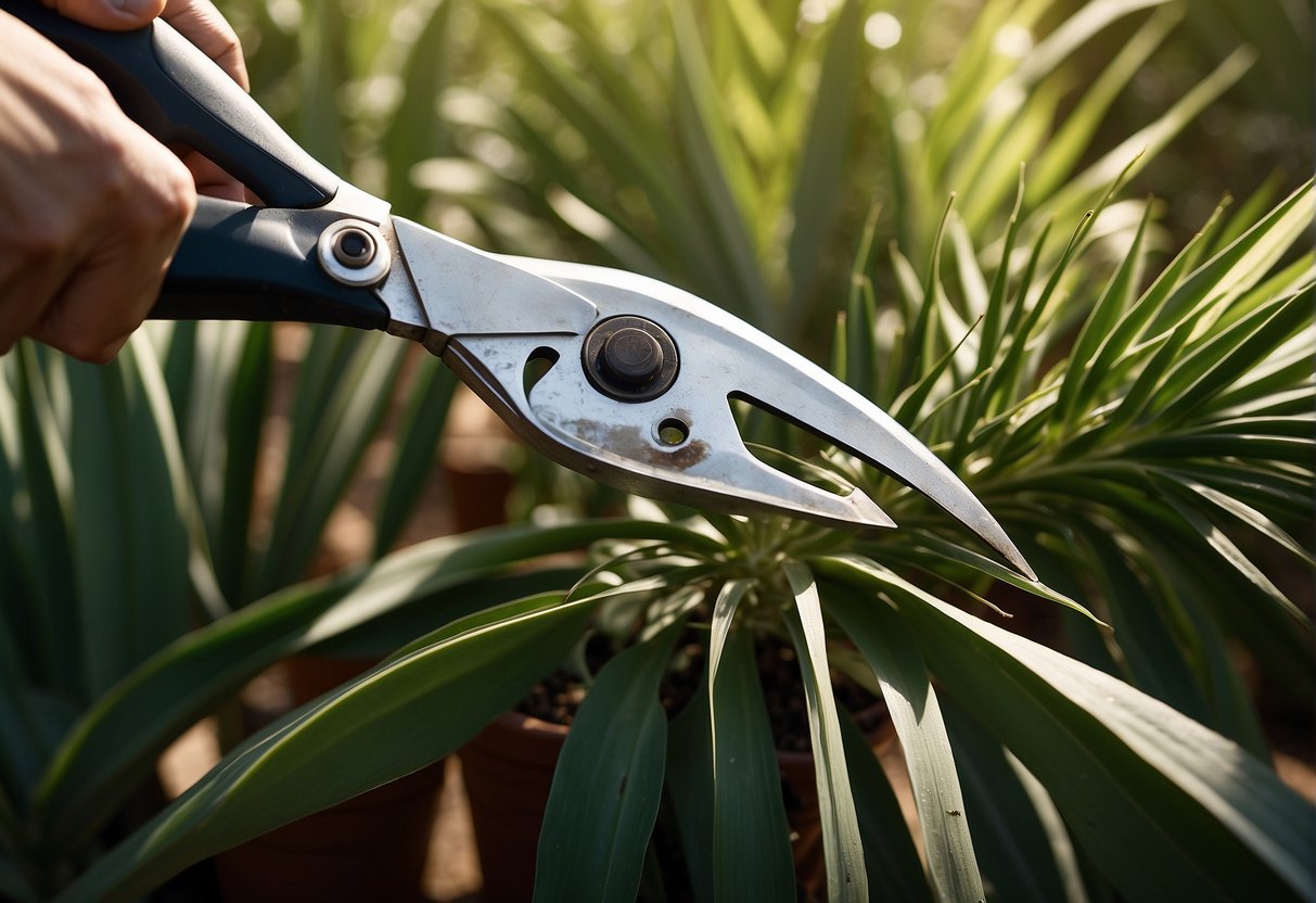 A pair of garden shears cutting away dead leaves from a yucca plant. The sun shines down on the process, highlighting the greenery