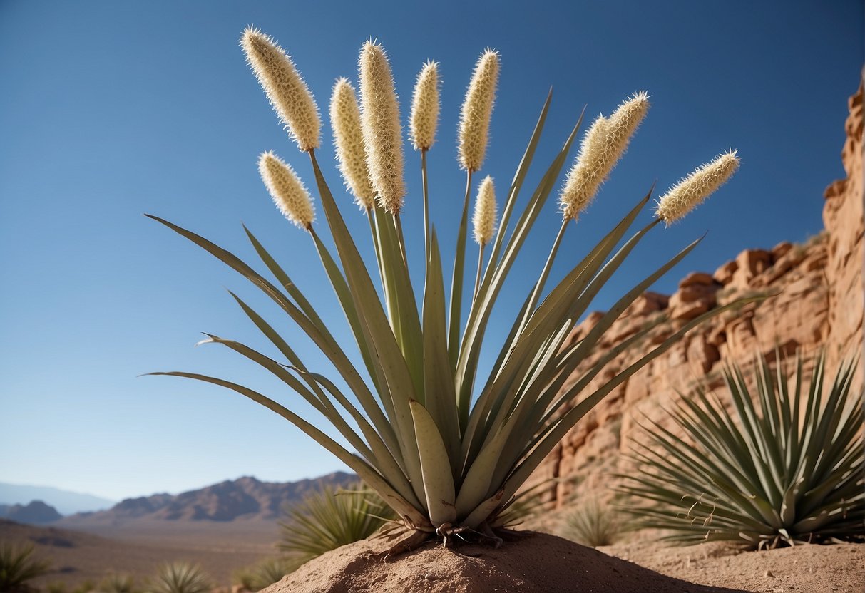 A mature yucca plant stands tall, with long, sword-shaped leaves radiating from a central stem. The plant is surrounded by rocky desert terrain, with a clear blue sky overhead
