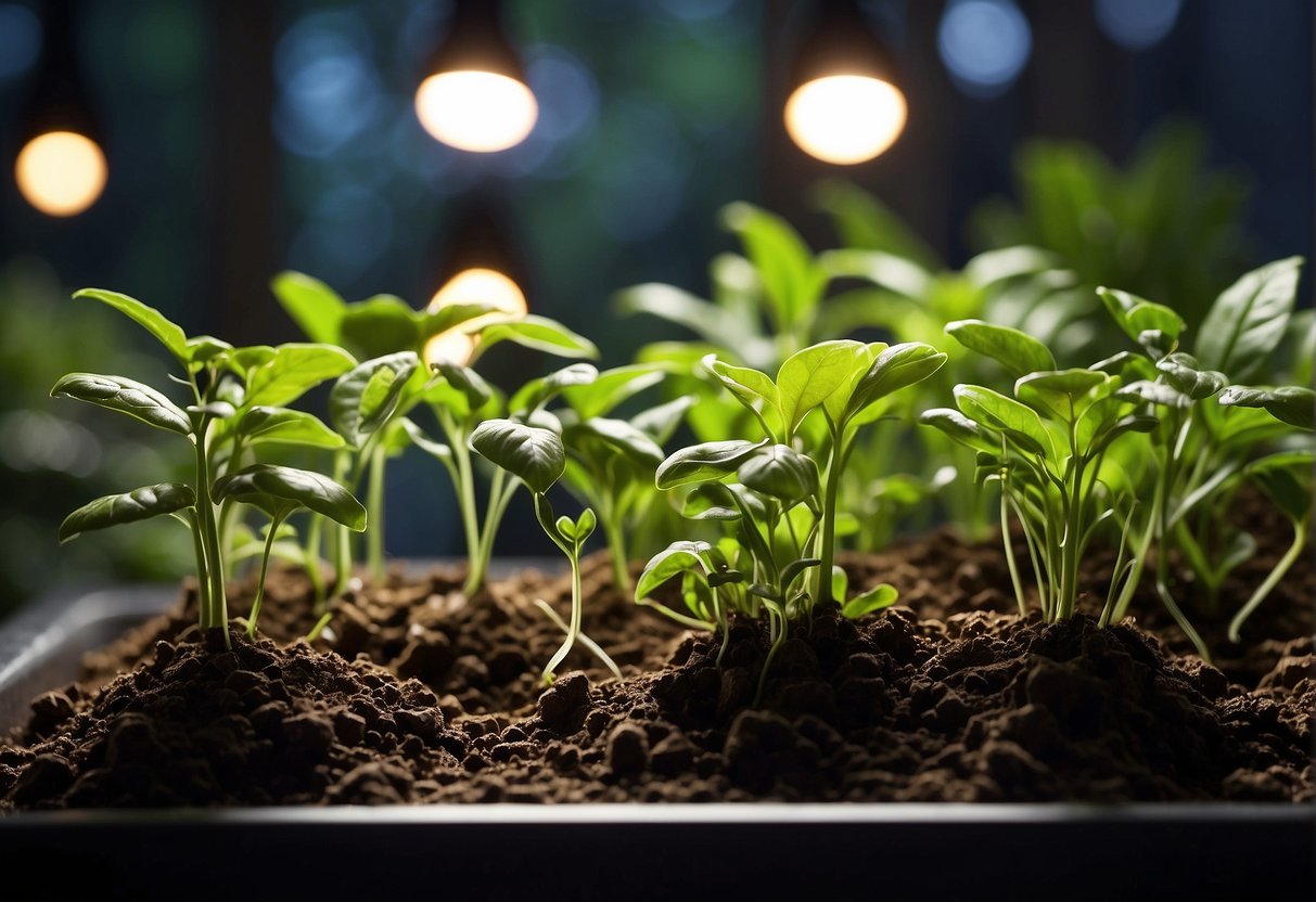 Space Agriculture : Lush green plants thrive in a controlled environment, their roots extending into nutrient-rich soil. Above, artificial lights simulate sunlight, providing the necessary energy for growth
