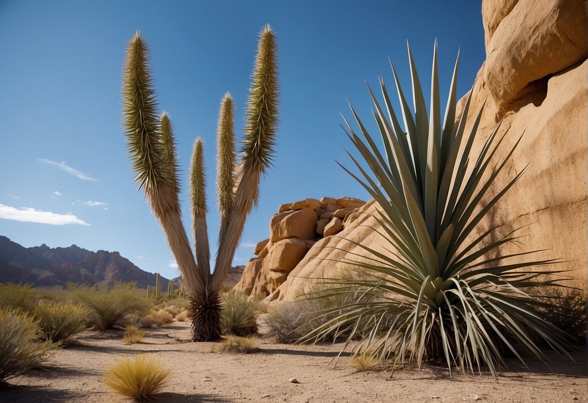 Tall yucca plants stand in a desert landscape, with various species and sizes. Some have long, sword-like leaves, while others have shorter, more rounded leaves. The plants are surrounded by rocks and sand, with a clear blue sky above