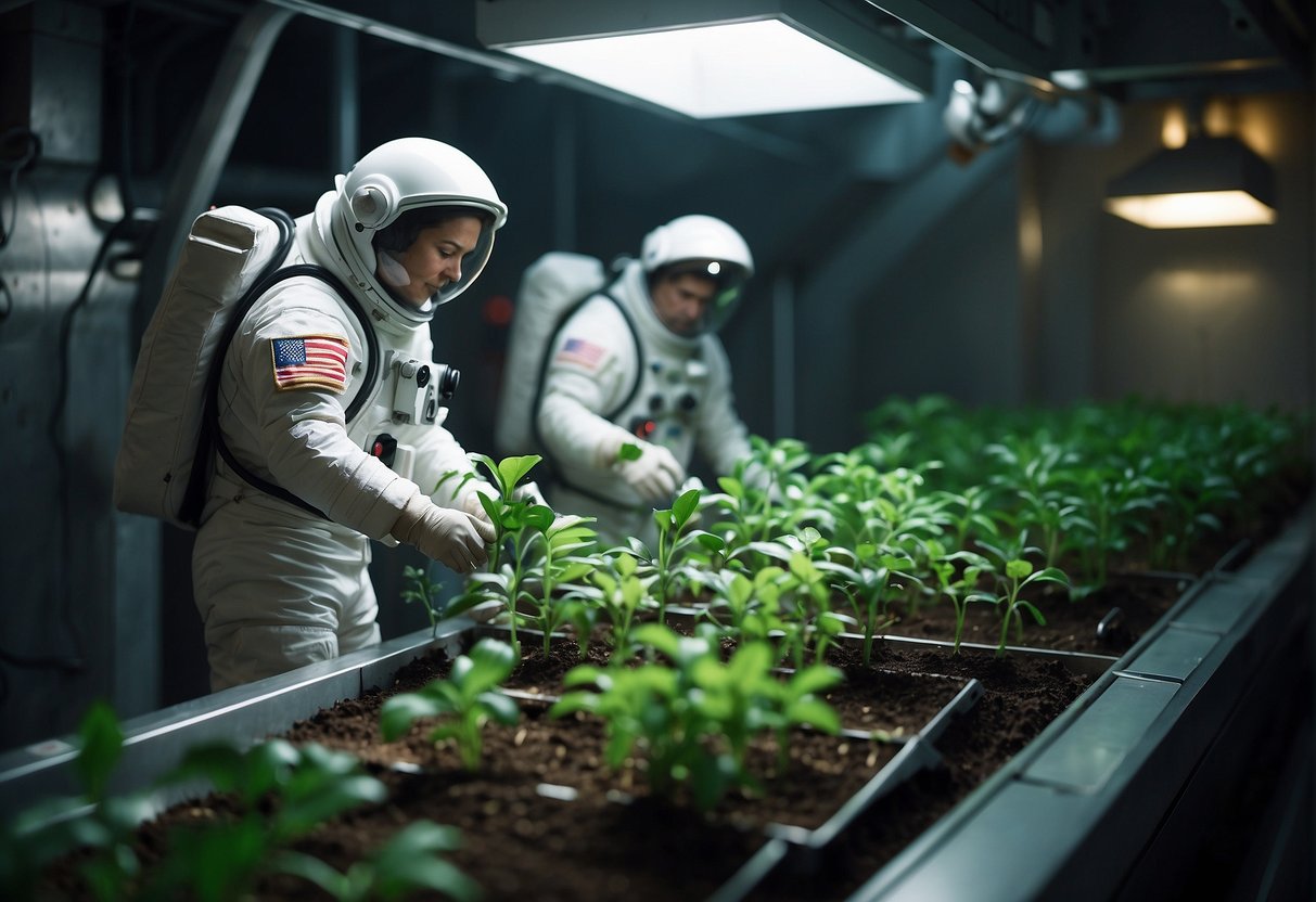 Plants grow in controlled environment with artificial light and nutrient-rich soil. Astronauts monitor and tend to crops, ensuring sustainable food production for long space journeys